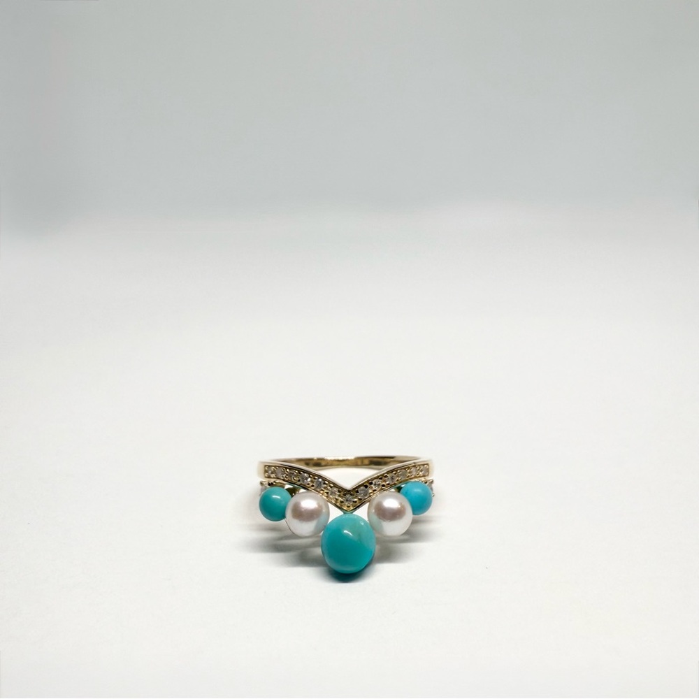 NEW Solid 14K Gold Natural Diamond, Sleeping Beauty Turquoise, Akoya Pearl Ring